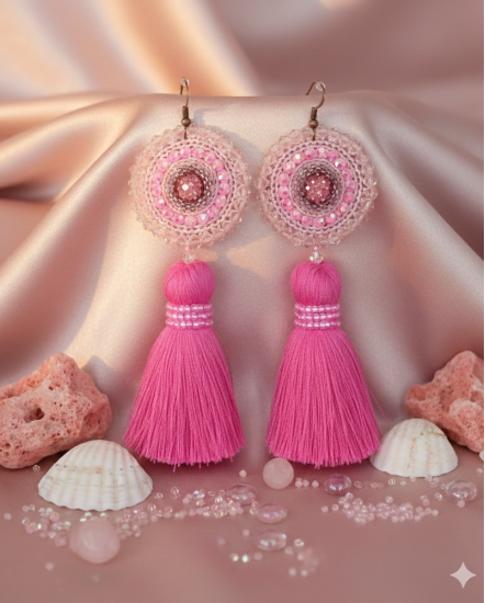 Háčkované  dizajnové náušnice "Ružový koral"